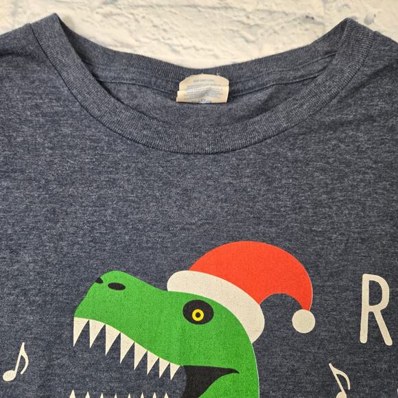 Fa Rawr Caroling T-Rex Tee Scary Santa Hat Heather Blue Christmas Holiday Large - Picture 3 of 9